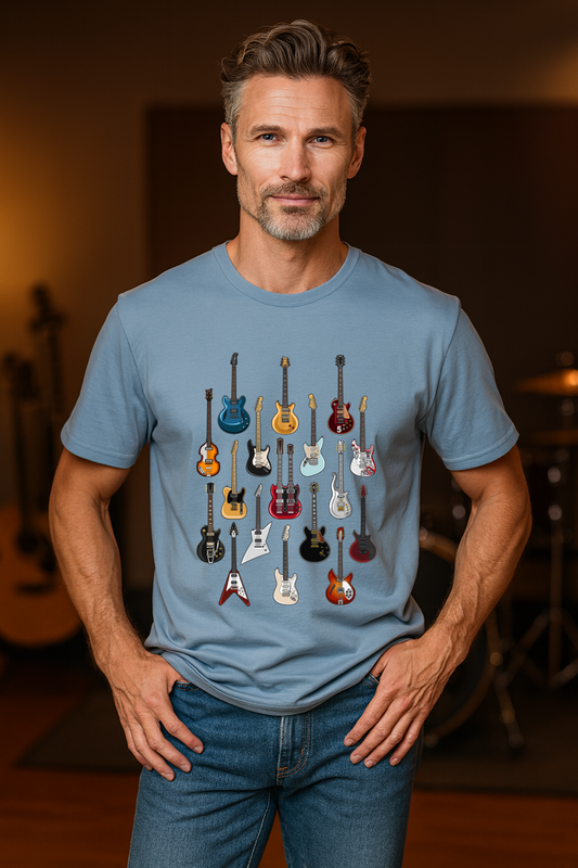 FAMOUS GUITARS T-SHIRT – BLUE | ISTHATSO-David Smith Australia