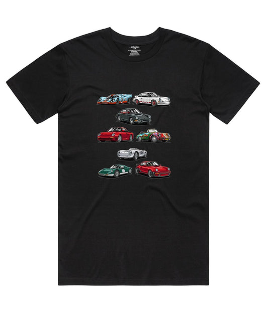 FAMOUS PORSCHES T-SHIRT – BLACK | ISTHATSO-David Smith Australia