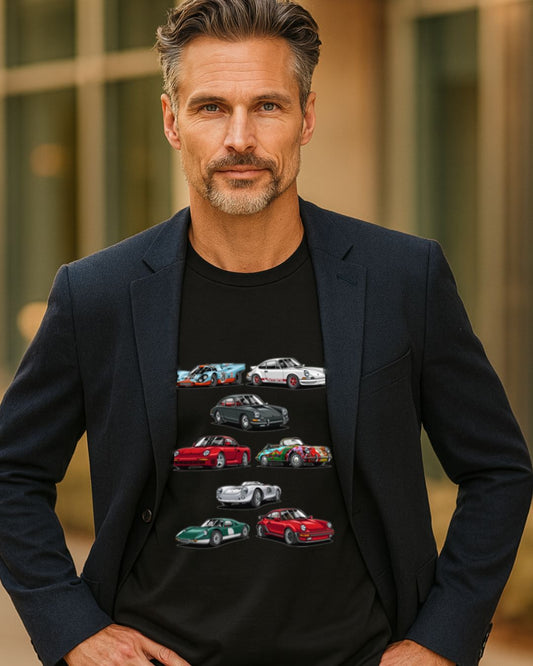 FAMOUS PORSCHES T-SHIRT – BLACK | ISTHATSO-David Smith Australia