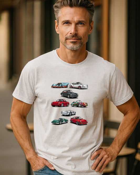 FAMOUS PORSCHES T-SHIRT – WHITE MARLE | ISTHATSO-David Smith Australia